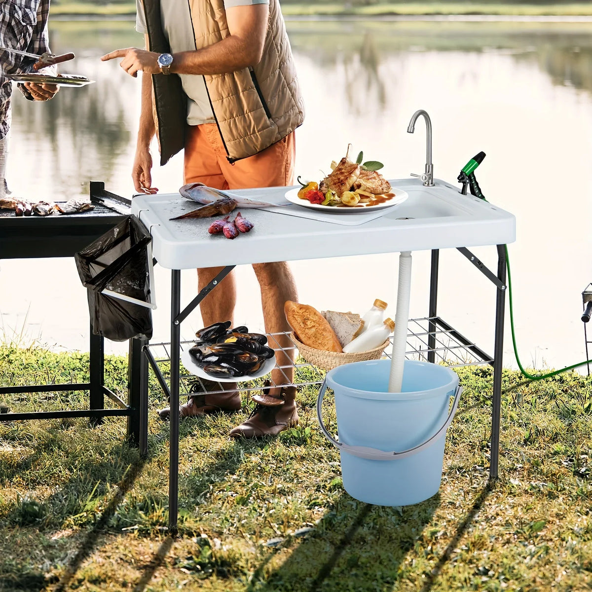 Fish Portable Camping W/ Faucet Grid Cleaning Table Table, Folding Hose Rack
