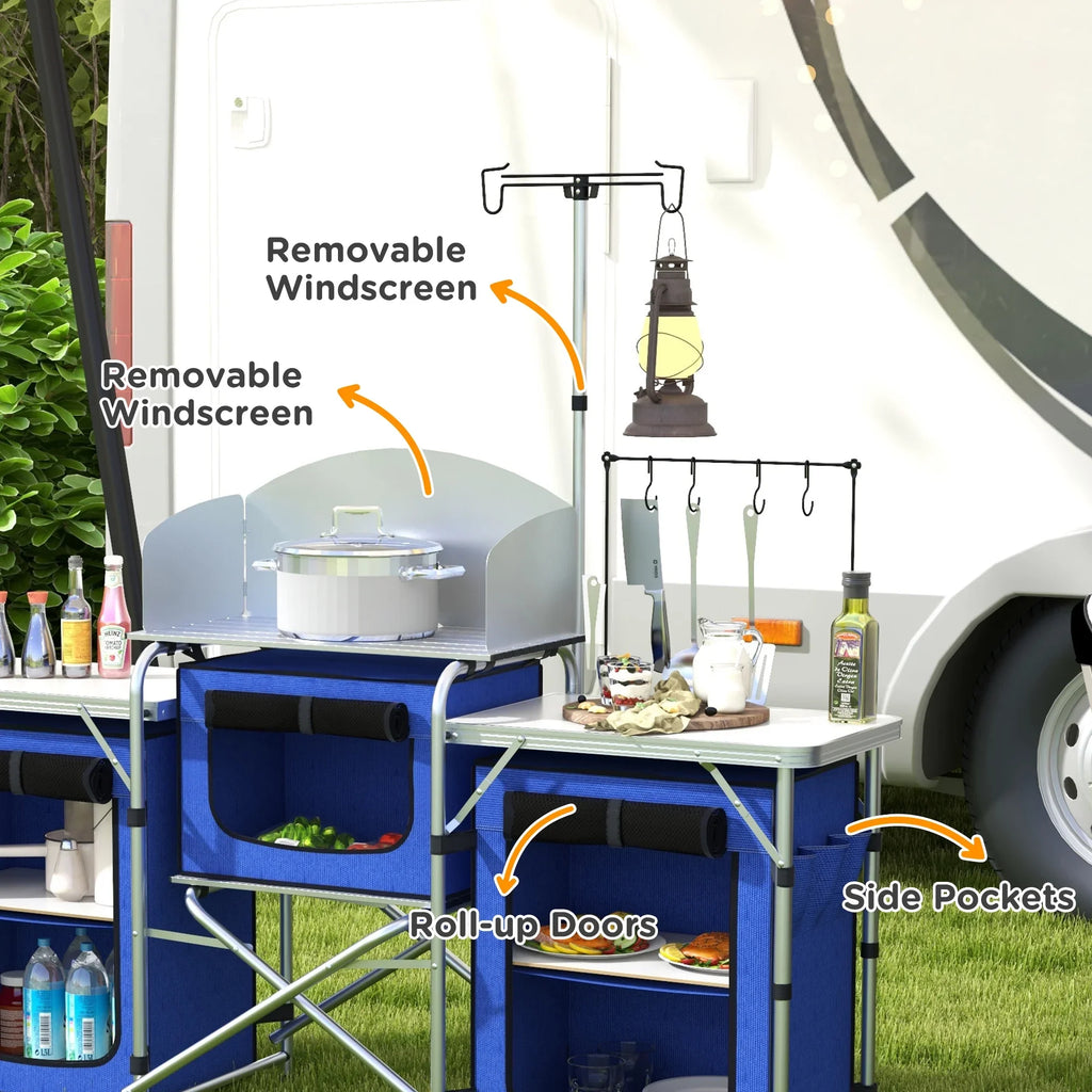 Folding Camping with Cupboards Outsunny Blue Fabric Kitchen Windshield