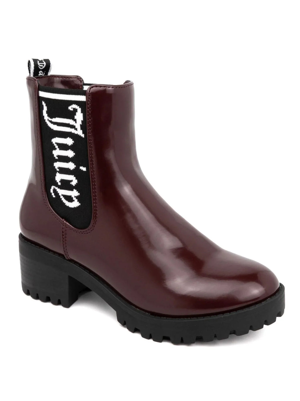 One-up JUICY Goring Comfort Round COUTURE Womens 7.5 Heel Logo M Toe Burgundy Block Booties