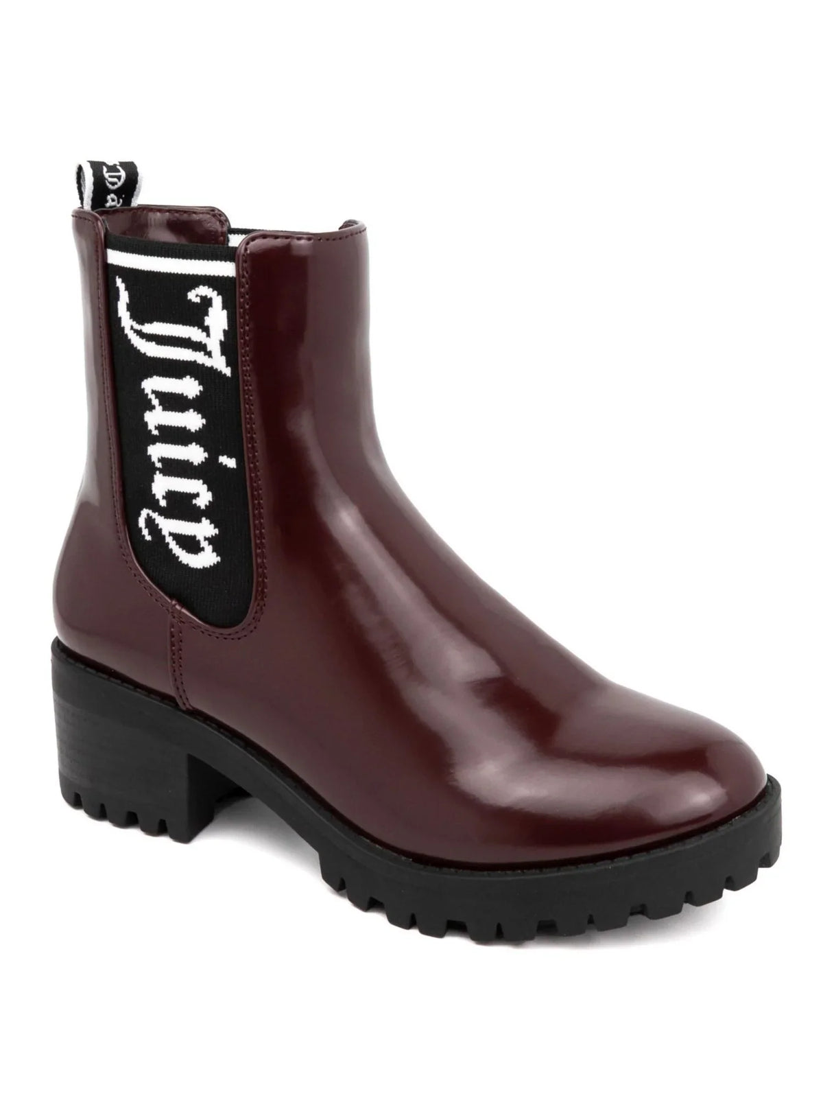 One-up JUICY Goring Comfort Round COUTURE Womens 7.5 Heel Logo M Toe Burgundy Block Booties
