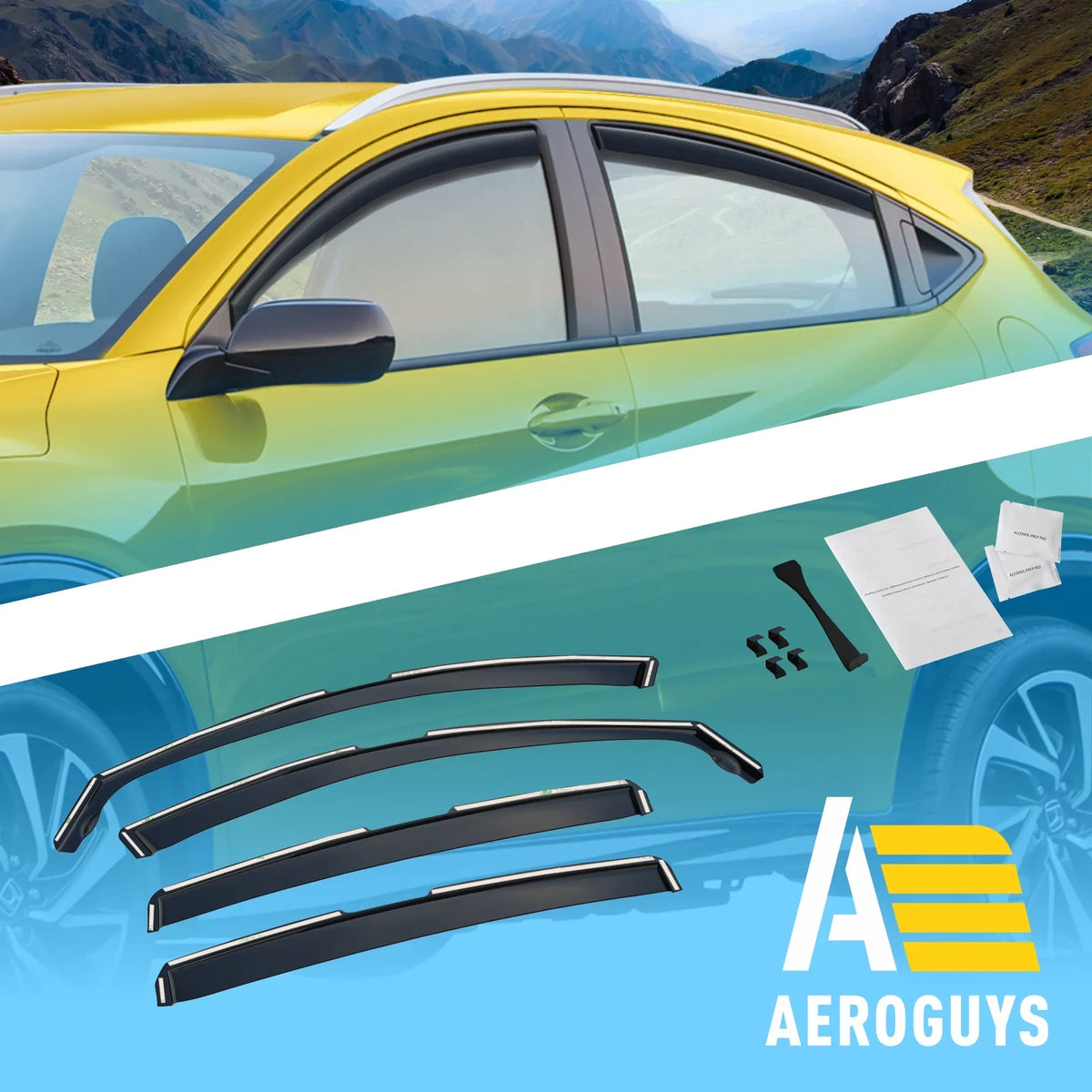 Car In-Channel 2016-2022, for Window Visors, Sun Visors Wind Fit Accessories AEROGUYS - 4 Vent Extra pcs. Deflectors Durable Rain Honda AG0157 Window Visors, HR-V Guards