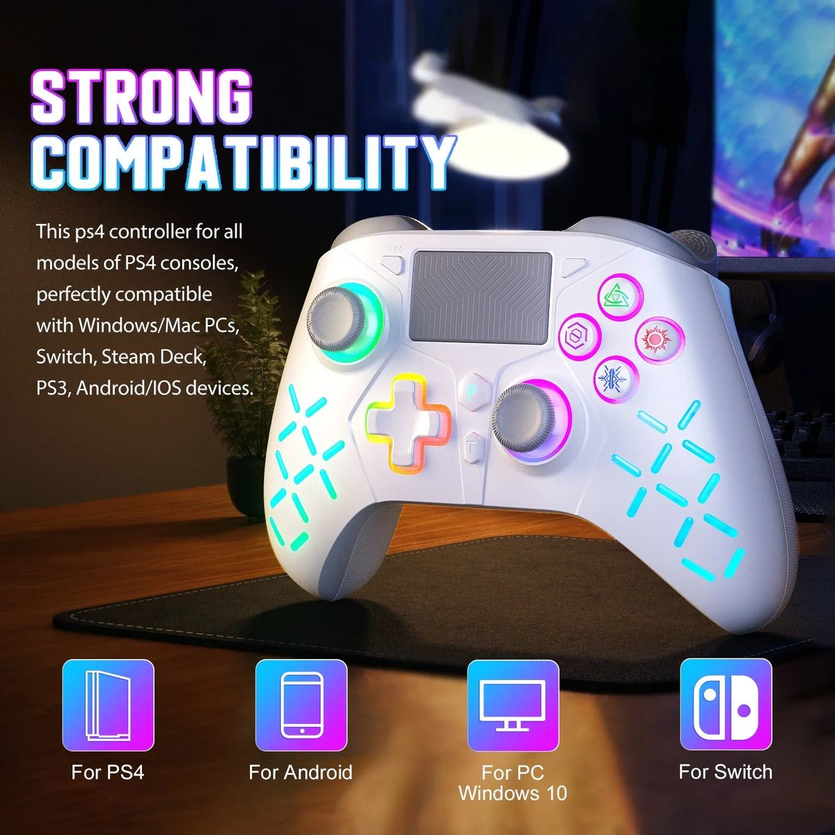 (White) /Slim/Pro Controller Adjustable Compatible with 4 LED Light Wireless for with Playstation RGB PS4,