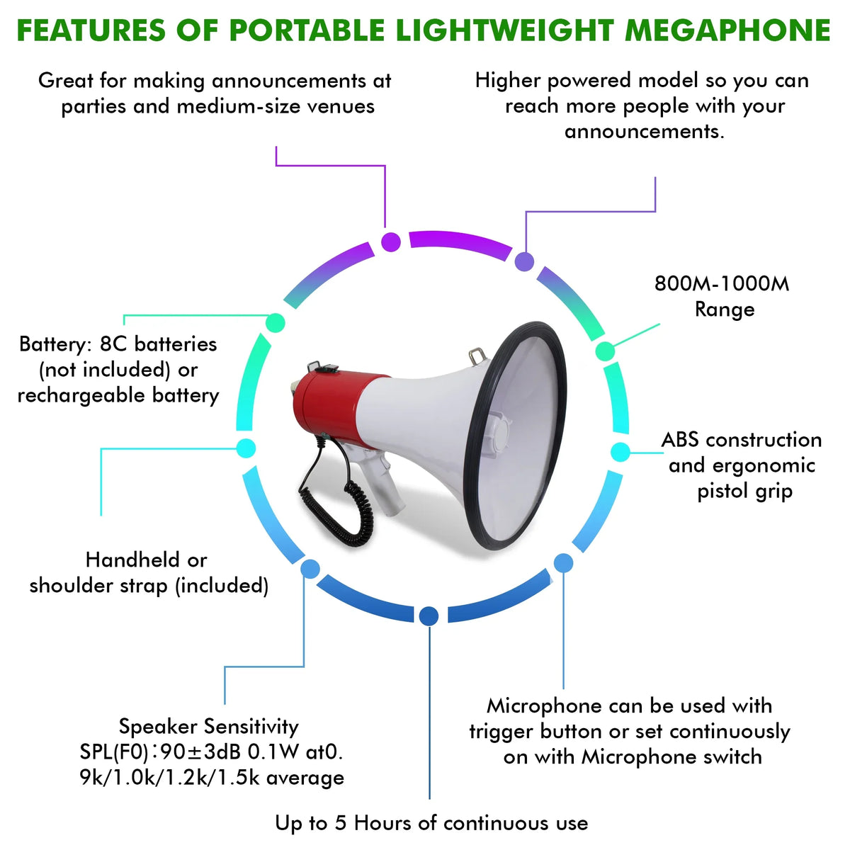 Siren Watts Strap Control Bullhorn for With Pro Range Technical 40 Trainers 800M-1000M Volume Portable Megaphone
