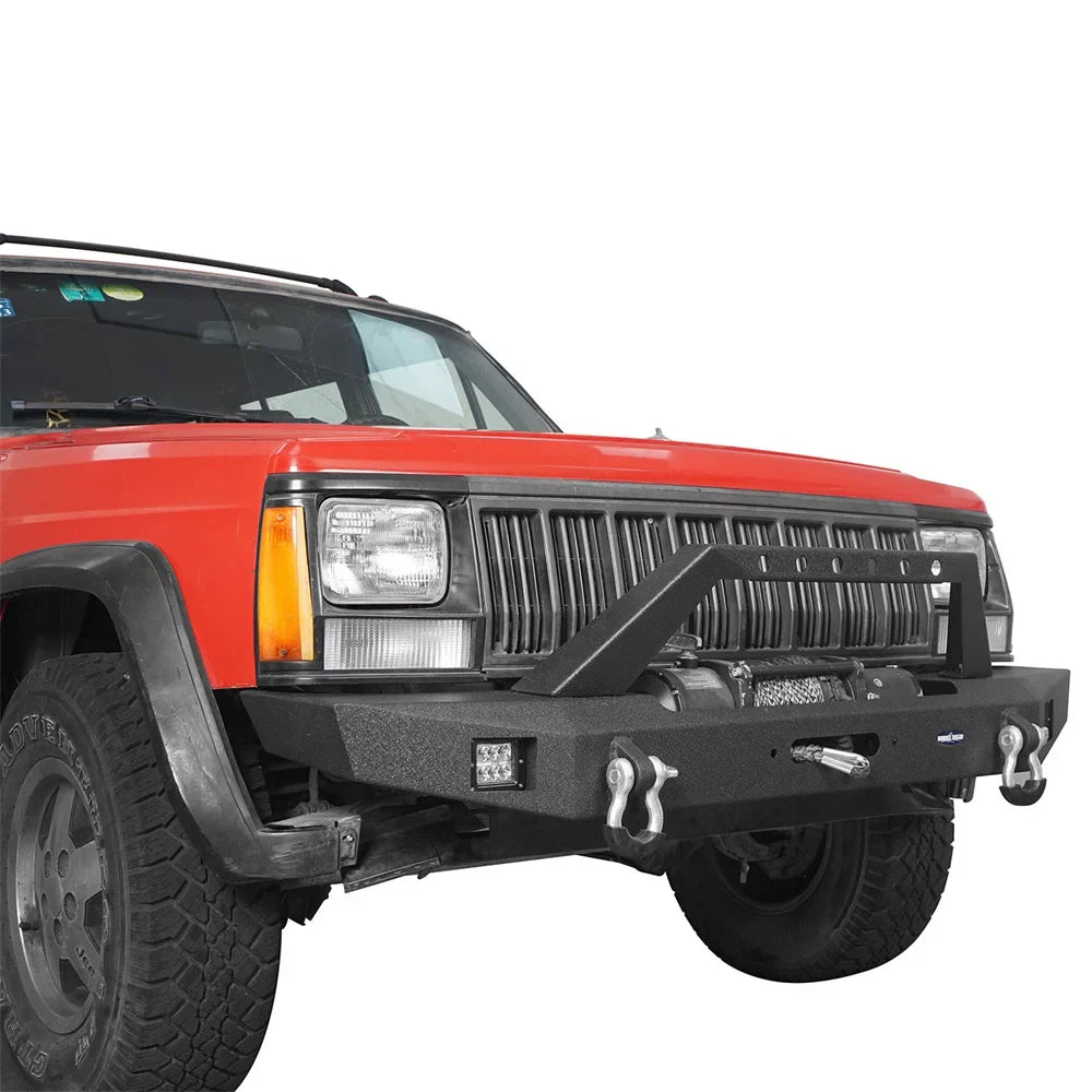 LED W/ Road Winch Front Steel Bumper & Jeep Cherokee XJ Fit 1984-2001 Hooke Spotlights Plate