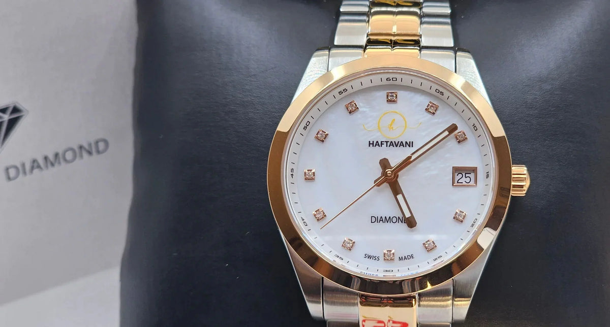 Diamonds -100M Stainless – Swiss - Haftavani Queen Watch - With Lady Diamond Marble Bicolour Silver-Rose Waterproof Quartz Gold Steel Face Genuine Made