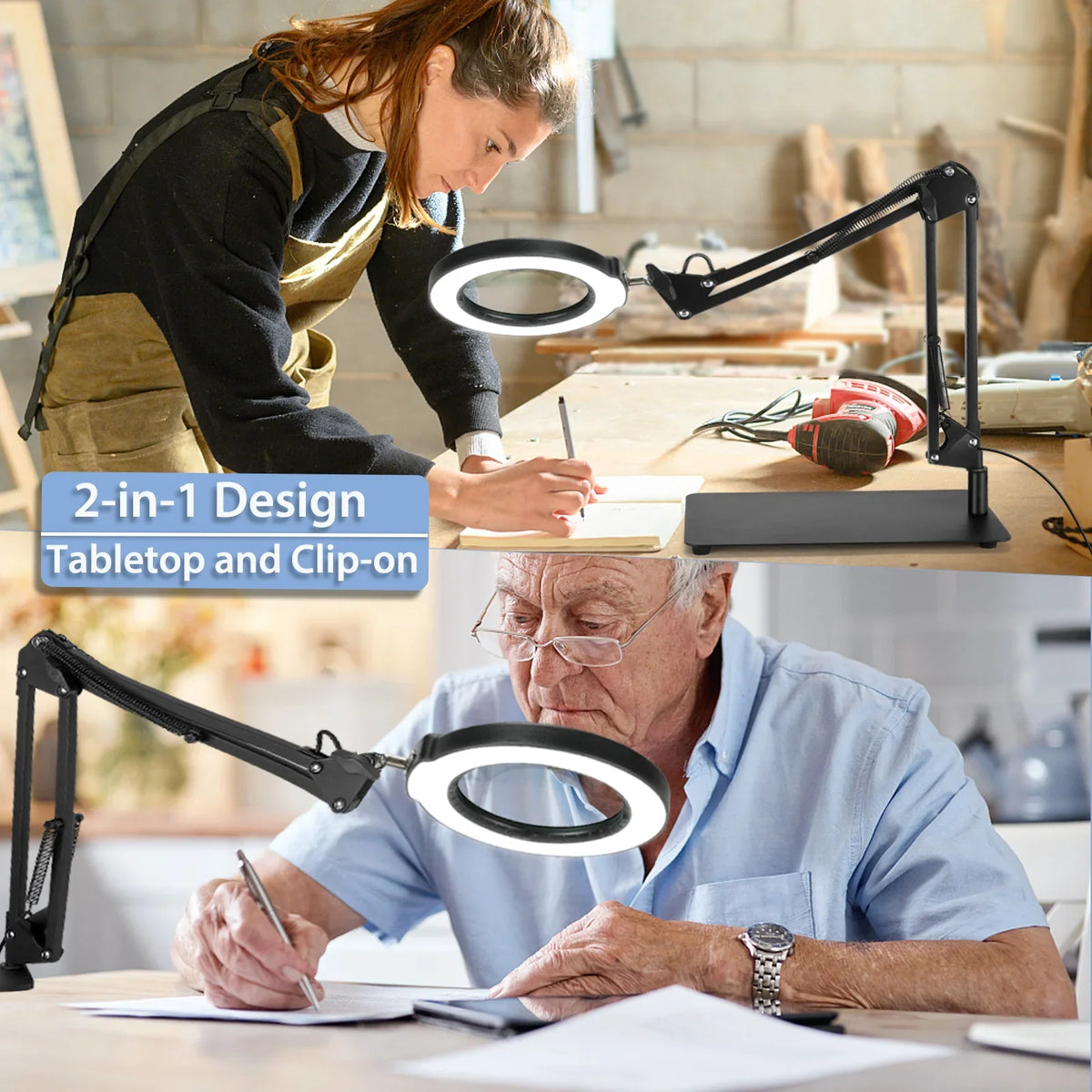 LED Glass Work, Painting, Color Stand, Magnifying Lighted 5 with Modes Hands Sewing with Stepless Light Dimmable, 10X Magnifier Lamp for Magnifying 2-in-1 Craft, Desk Close Free and Clamp,