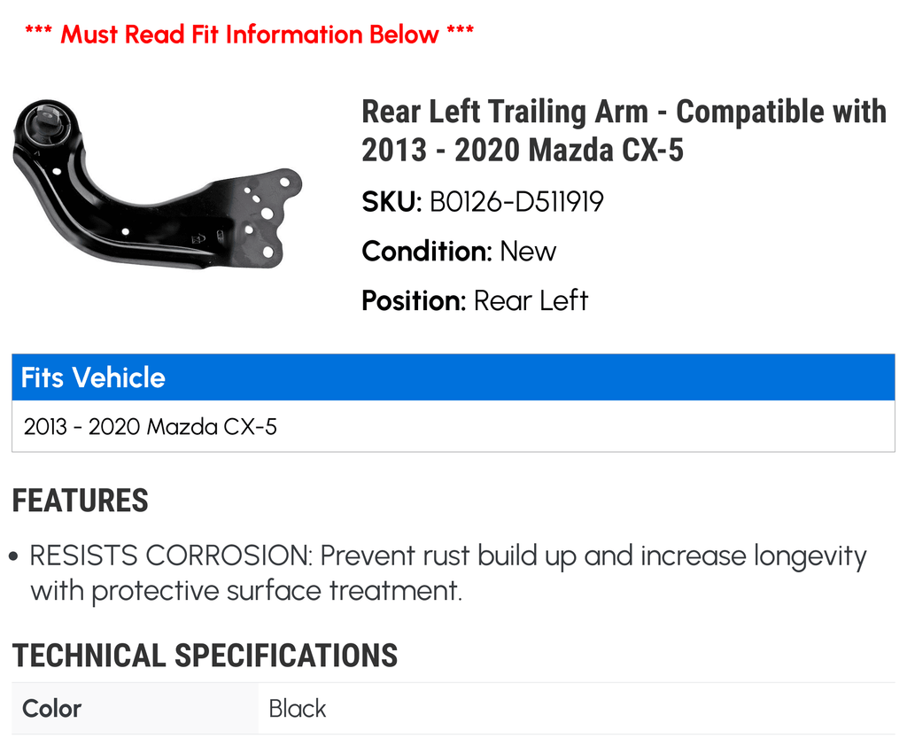 2013 CX-5 Arm 2020 Left 2016 2014 2018 - 2017 Rear 2015 Mazda Compatible with - 2019 Trailing