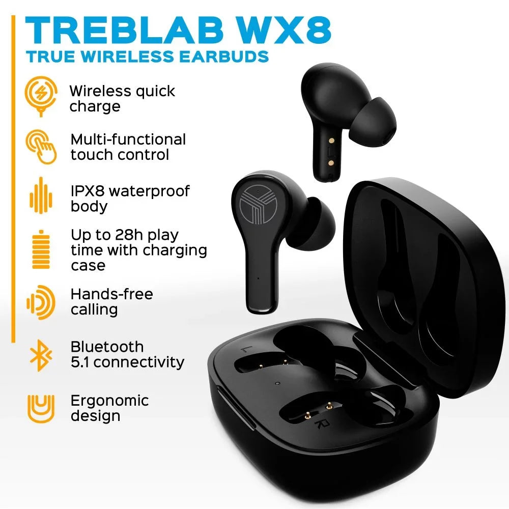 Play Waterproof Port, with Black WX8 Case True 5.1, Isolation, Bluetooth Time, Touch of Charging, USB-C Noise up Wireless 28H Earbuds Earbuds, - Includes Charging Control TREBLAB w/Wireless and IPX8