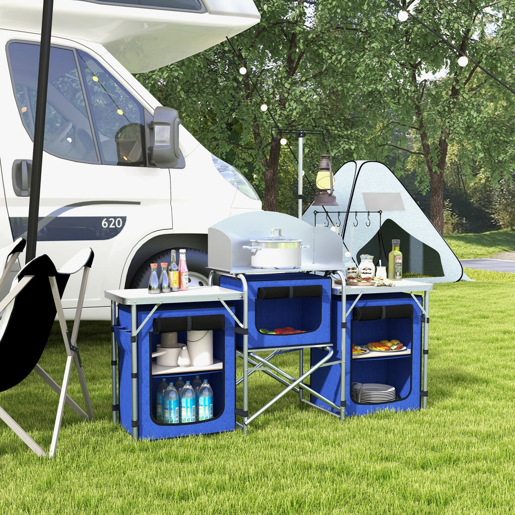 Folding Camping with Cupboards Outsunny Blue Fabric Kitchen Windshield