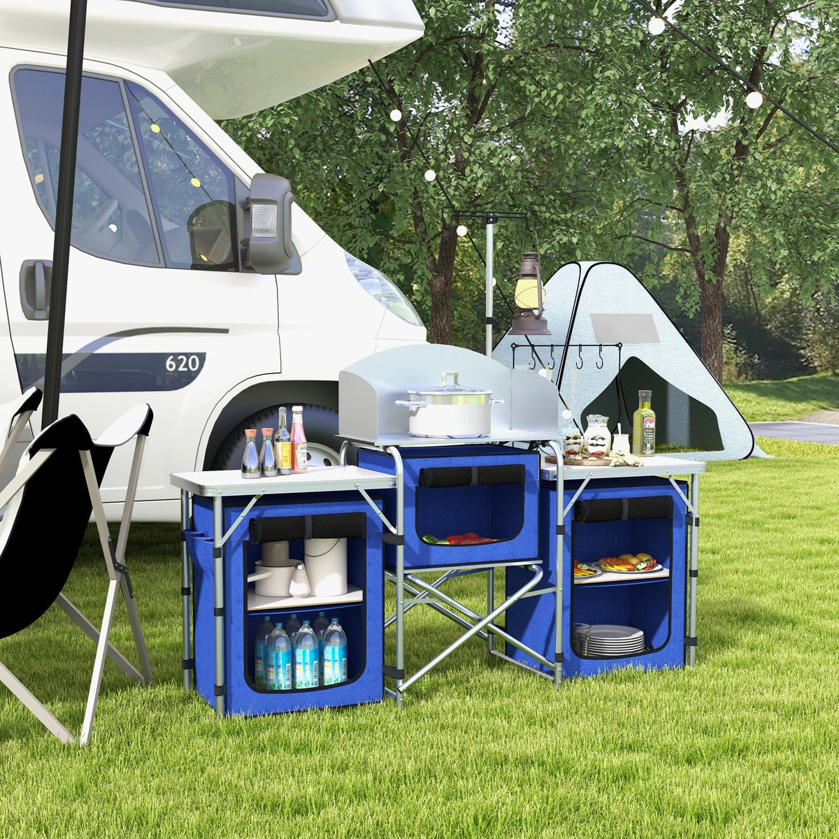 Folding Camping with Cupboards Outsunny Blue Fabric Kitchen Windshield