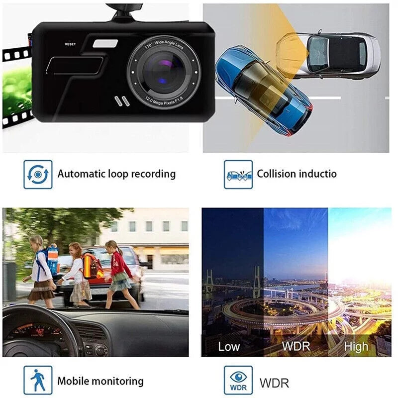 and Parking Car Lens Front and Touch HD Dual Recorder Camera G-Sensor, Video Screen Monitoring Dash Cam 1080P Driving DVR 4" Xhy Rear Detection Motion