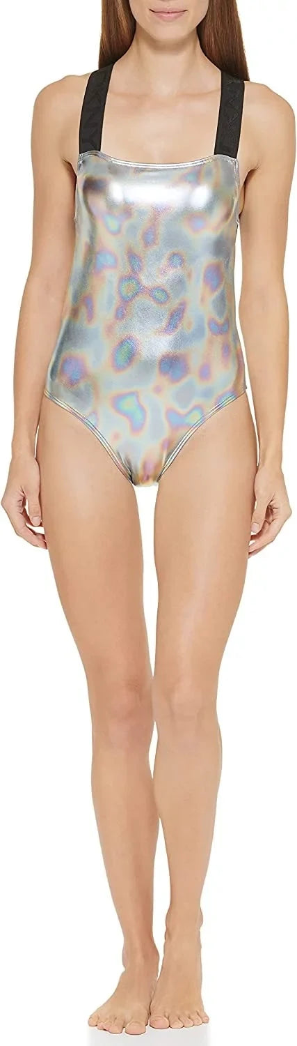 DKNY Crisscross US One-Piece Medium Metallic SILVER Swimsuit,
