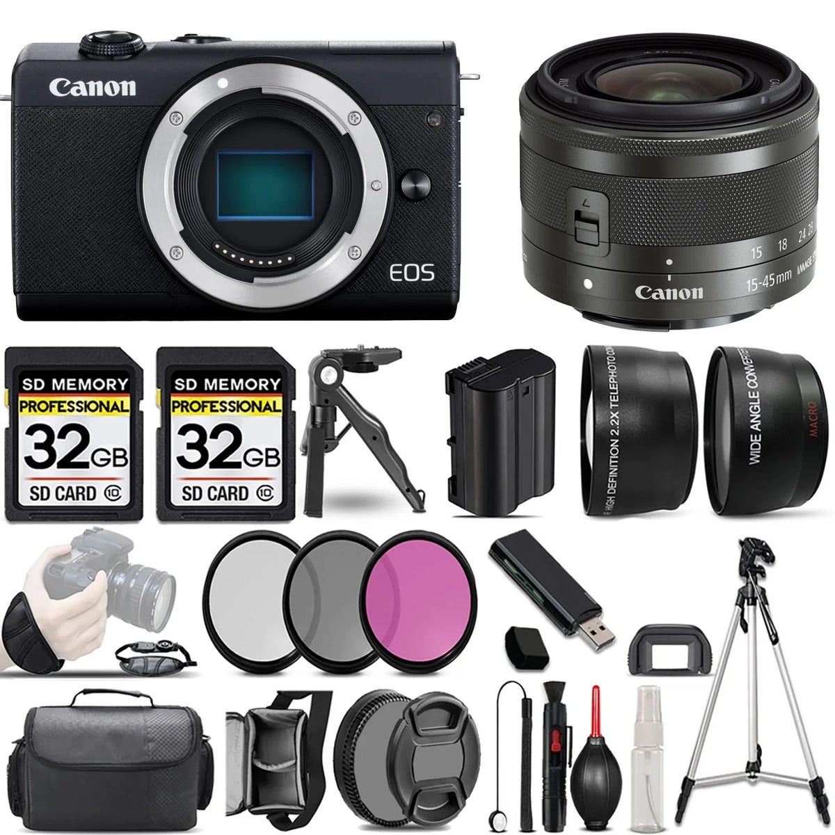 (Graphite) (Black) +64GB Lens Canon Mirrorless M200 Camera +15-45mm IS STM EOS f/3.5-6.3 Filter PC +3