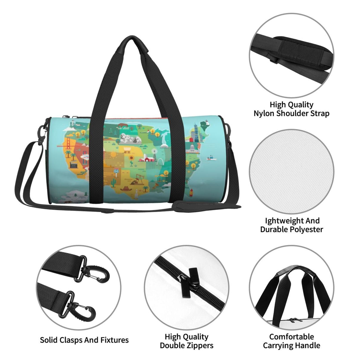 with Travel Capacity Map Cylinder USA Bag Tourist Sports Pocket Bag Coaee Large Compartment and Luggage Gym Waterproof Bag