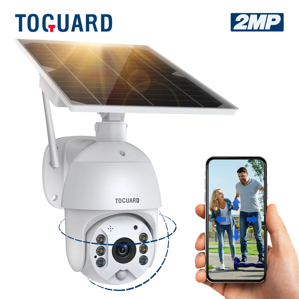 Outdoor Security Audio 15600mAh Solar Camera Camera with Motion Color Night Panel, TOGUARD Vision, Battery Wireless PTZ Surveillance PIR with Wifi Dome Detection, 1080P 2-Way