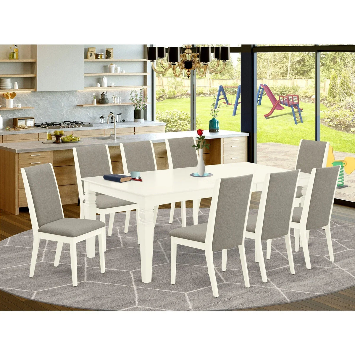 Maykoosh White Set- Country Room Structure Dining Table 9-Piece Finish Hardwood Butterfly Leaf And & Back Parson -High Linen Chairs French Rectangle 8