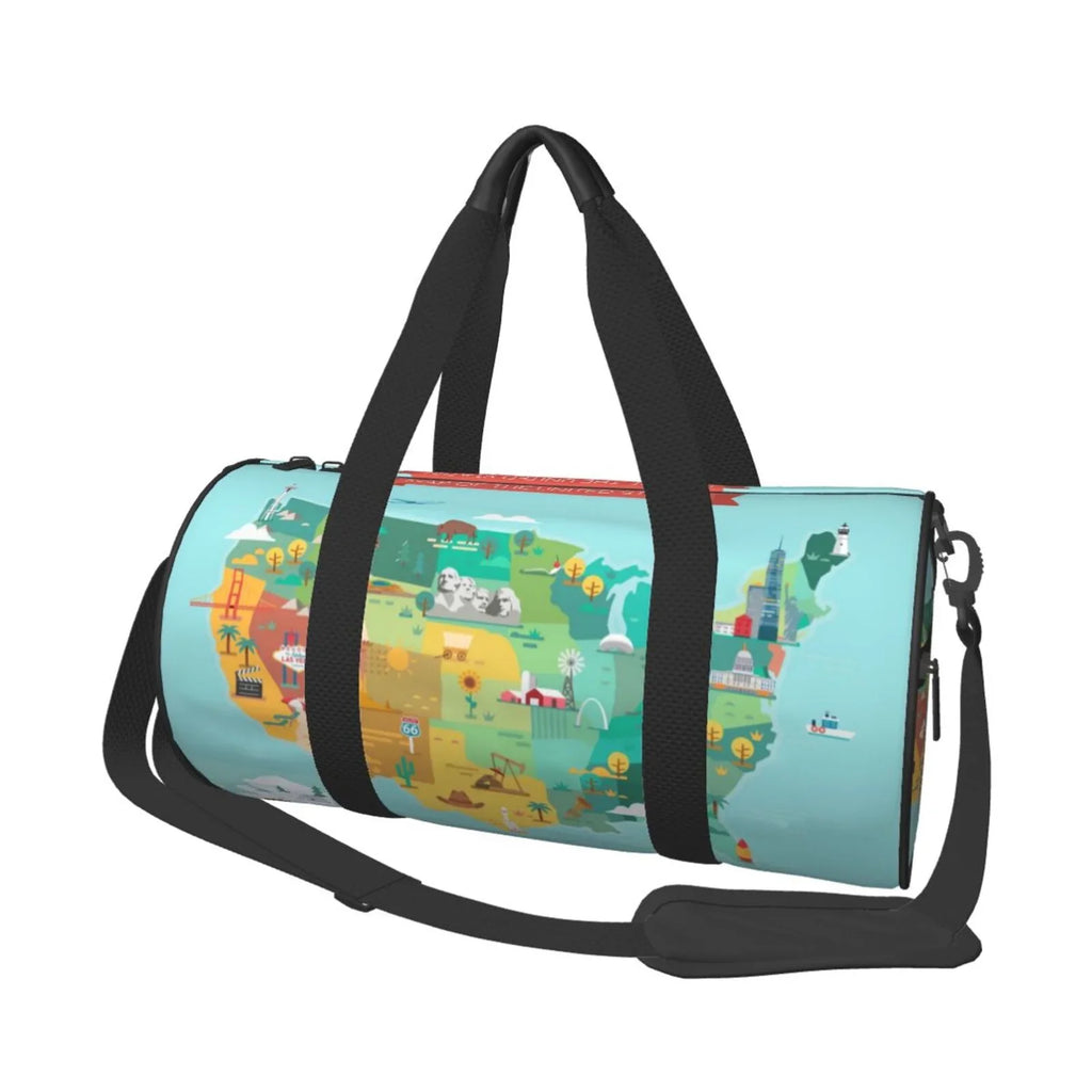 with Travel Capacity Map Cylinder USA Bag Tourist Sports Pocket Bag Coaee Large Compartment and Luggage Gym Waterproof Bag