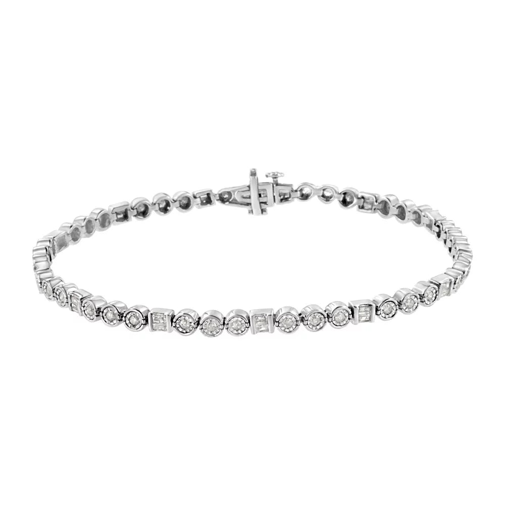 Channel Miracle Set - Alternating Cttw 7.25" Clarity) Set Diamond Link Round 1.0 Bracelet Silver I3 Sterling Color, Baguette .925 (I-J and