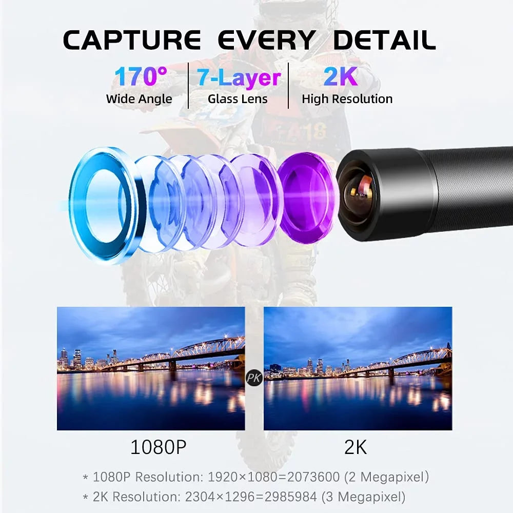 Action Dash Lens, Motorcycle Vision Motorcycle WDR, 170° Angle Super Camera, Recording 2K Cam Camera, Wide VSYSTO Loop Night WiFi Helmet Portable Waterproof Bike