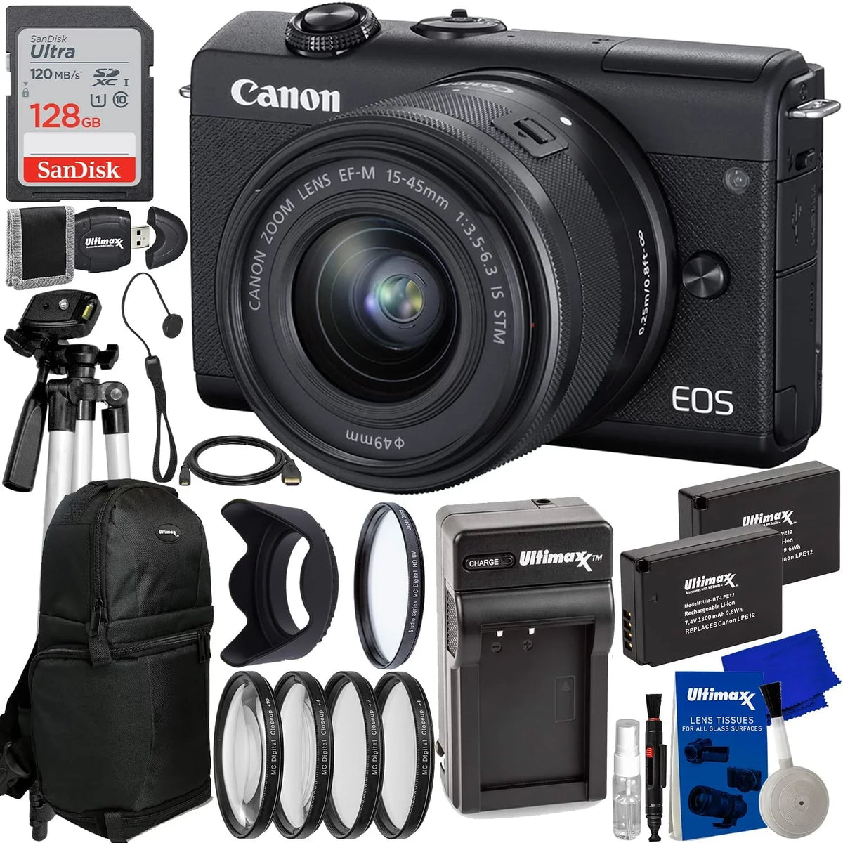Lens 128GB Digital Mirrorless Camera Canon Kit 15-45mm M200 with + EOS (Black)