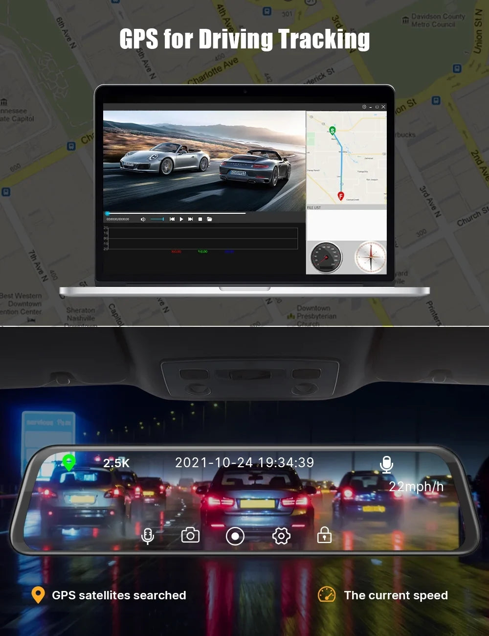 Touch Rear Waterproof Inch GPS Rear Front Loop Mirror Night Dual 12 Screen Assistance, Dash Dash Cam and Camera 2.5K Vision, Parking Camera, View Recording Cam Backup with Mirror