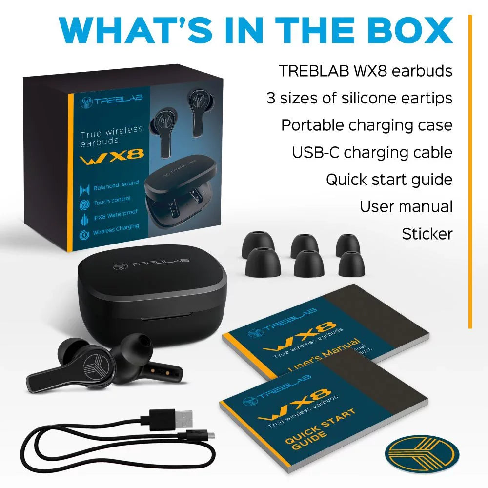 Play Waterproof Port, with Black WX8 Case True 5.1, Isolation, Bluetooth Time, Touch of Charging, USB-C Noise up Wireless 28H Earbuds Earbuds, - Includes Charging Control TREBLAB w/Wireless and IPX8
