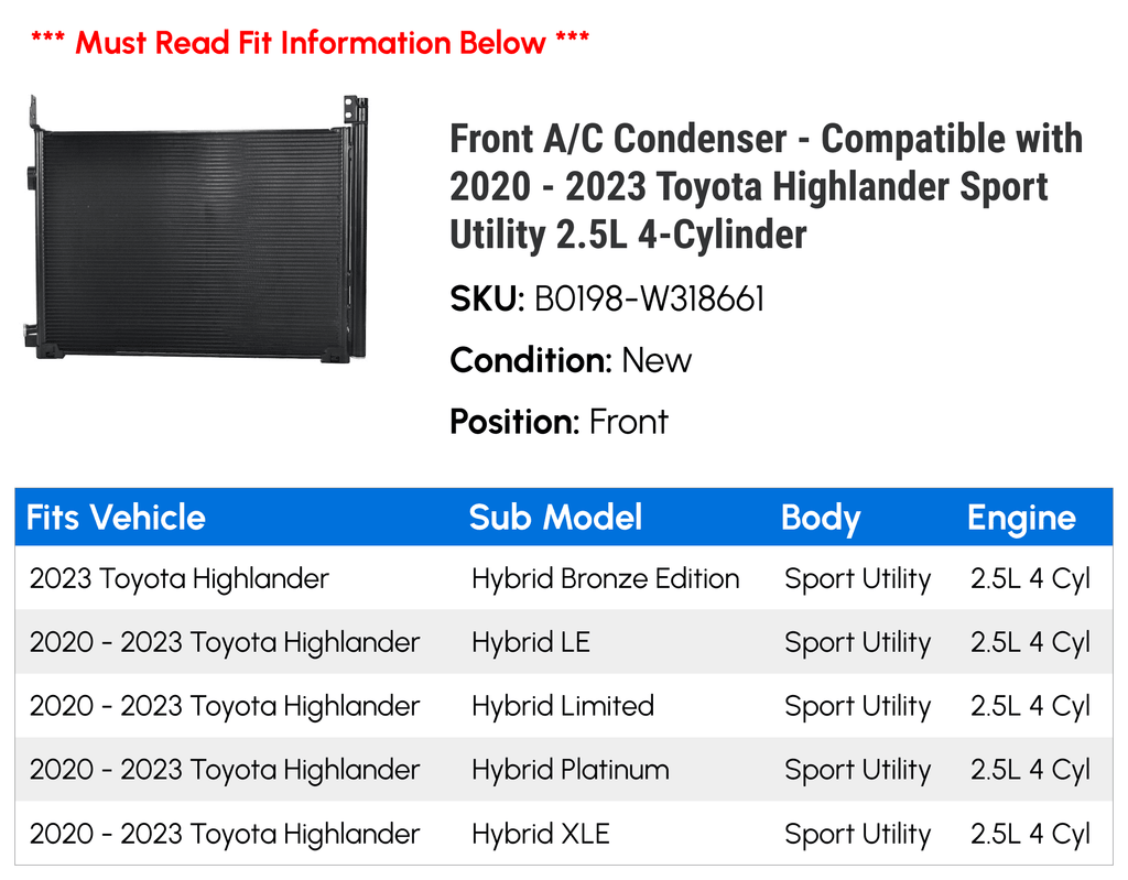 4-Cylinder 2020 2022 Utility A/C Toyota Condenser 2.5L Compatible Sport - Highlander Front 2023 with - 2021