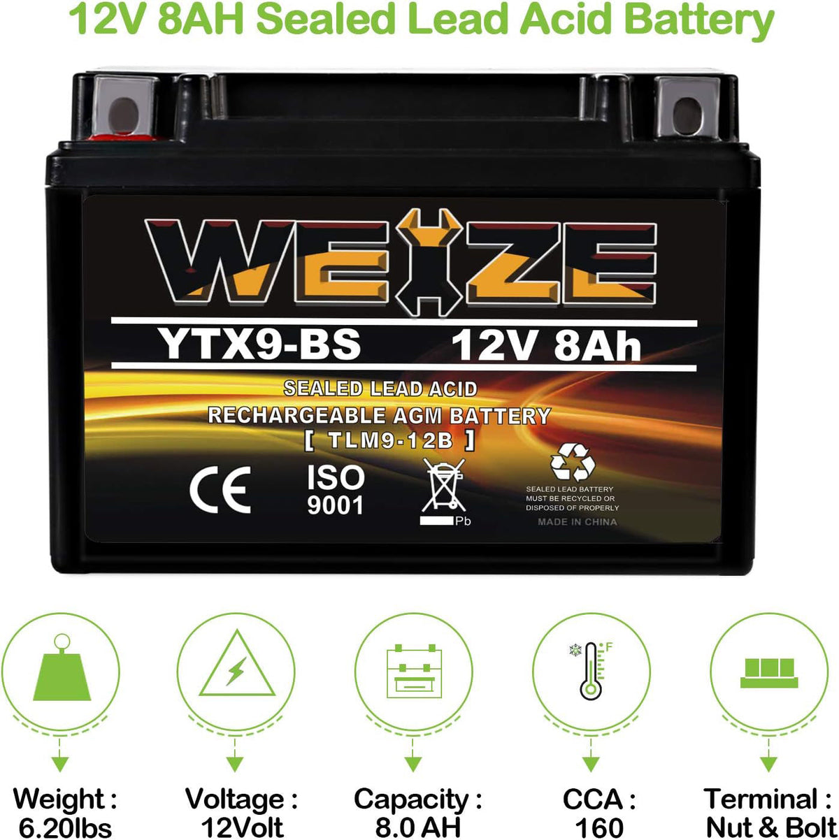 Sealed AGM Free Performance YTX9-BS Maintenance High Motorcycle ATV Battery
