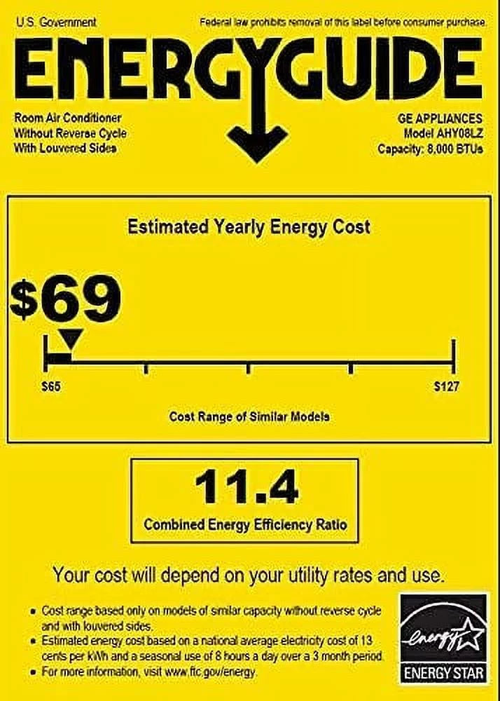 BTU Volts Capacity Connect Smart and Chassis Speeds Fixed Cooling 115 Fan CEER in with Wifi White 8000 AHY08LZ Conditioner 11.4 Air 3 GE Window