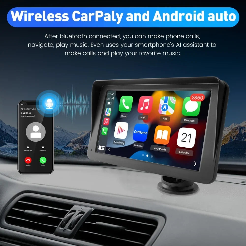 Video Stereo Car inch Wireless Navigation,FM Music, Bluetooth , Awesafe Screen 7 Carplay Android Auto Audio, GPS Touch with Support
