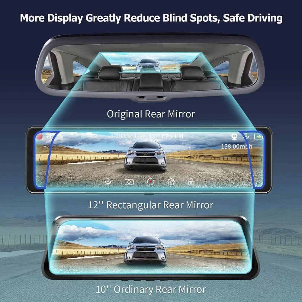 Rear Camera Dual Mirror Cam Backup Assistance 4K Dash Monitoring, 12" Vision, Night Super Car Camera Front Reversing and Parking