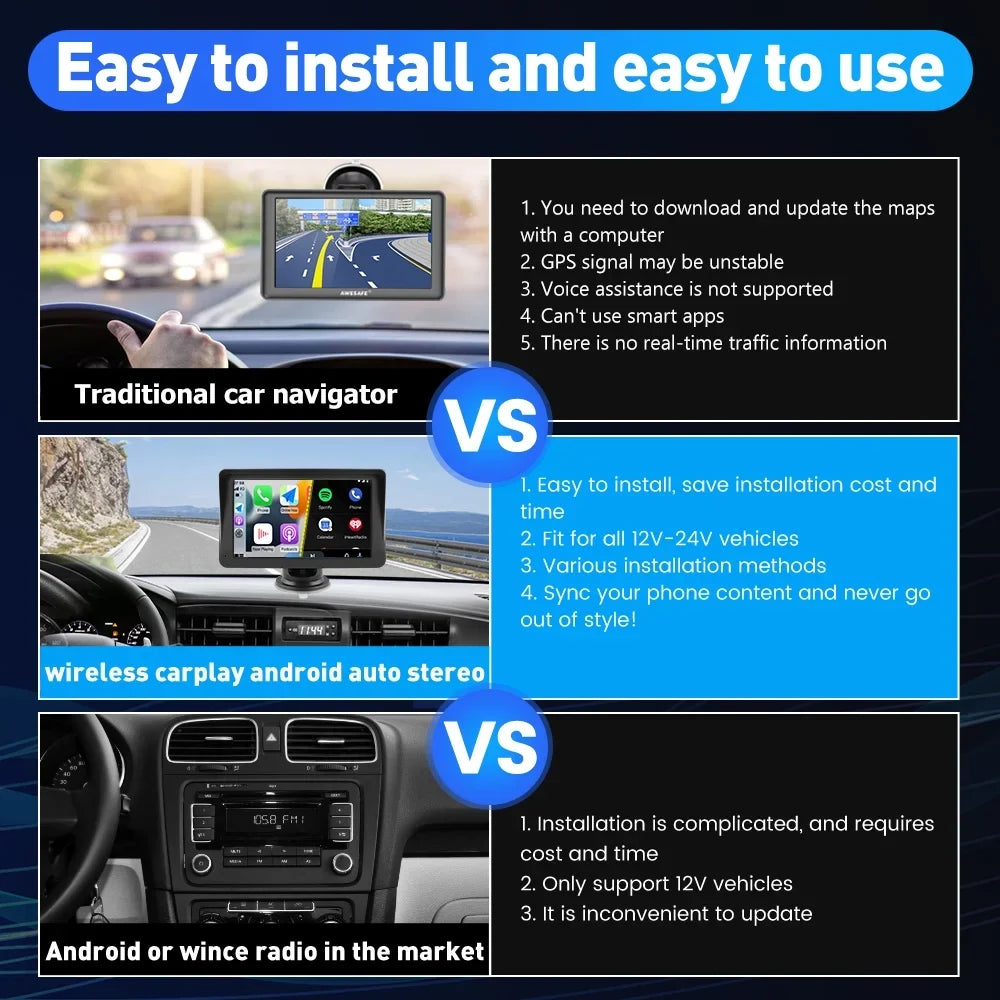 Video Stereo Car inch Wireless Navigation,FM Music, Bluetooth , Awesafe Screen 7 Carplay Android Auto Audio, GPS Touch with Support