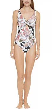 US WHITE One-Piece Twist-Front Cutout Swimsuit, 10 MULTI DKNY