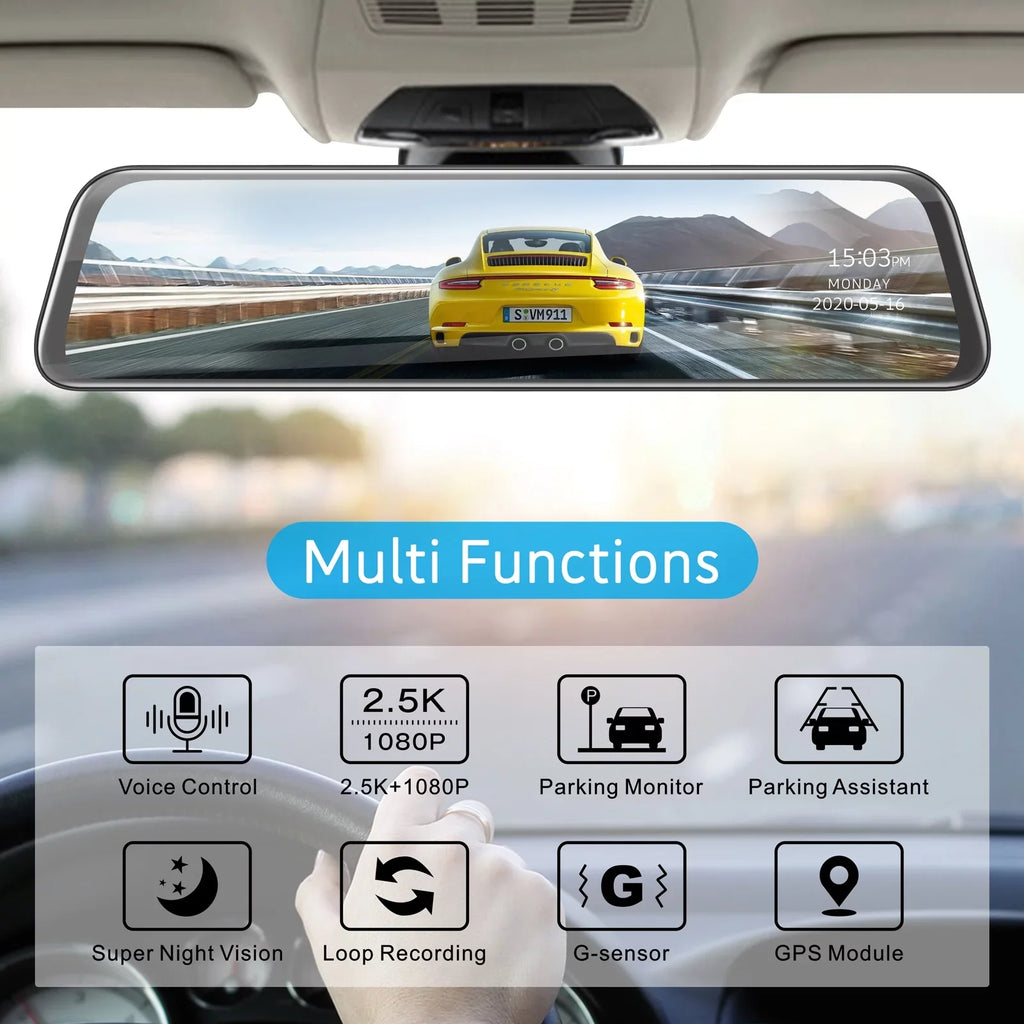 Touch Rear Waterproof Inch GPS Rear Front Loop Mirror Night Dual 12 Screen Assistance, Dash Dash Cam and Camera 2.5K Vision, Parking Camera, View Recording Cam Backup with Mirror