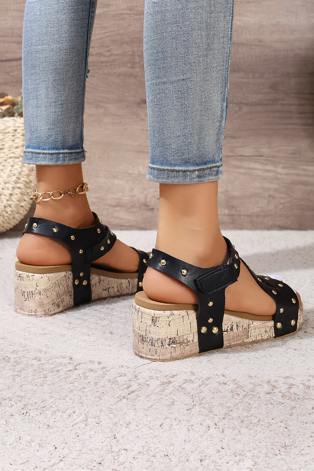 Out Black Wedge Sandals Rivet Hollow Leather