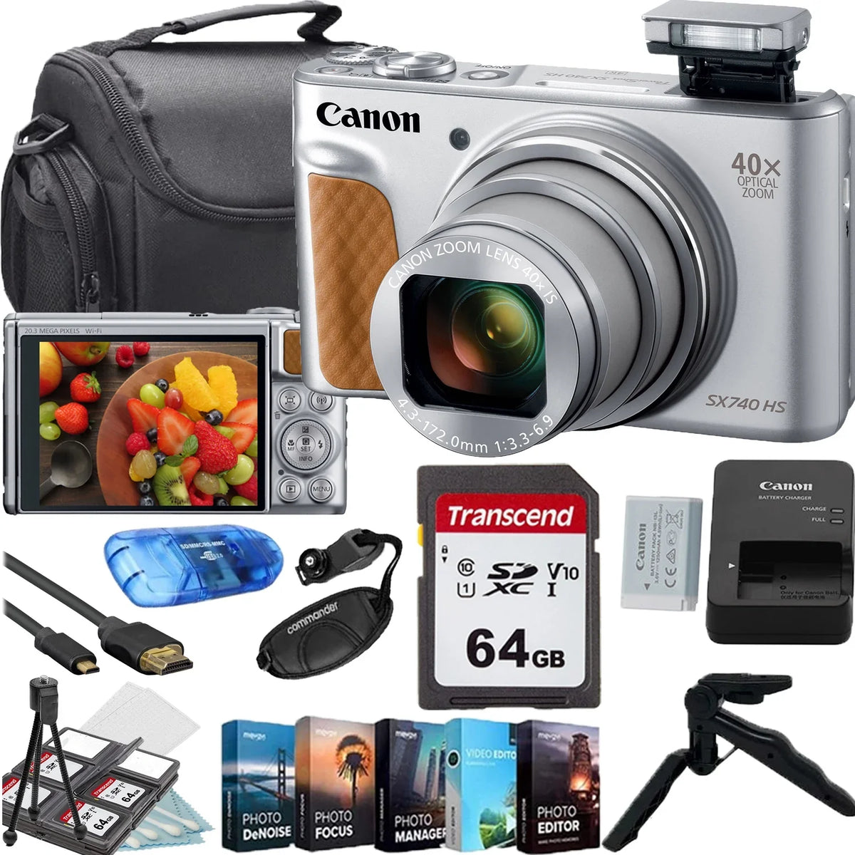 HS Accessory Canon Memory Gripster Digital SX740 (Silver)+64GB Bag+Steady Card+Camera Camera Tripod+Deluxe Shoulder Bundle PowerShot