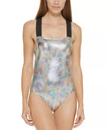 DKNY Crisscross US One-Piece Medium Metallic SILVER Swimsuit,