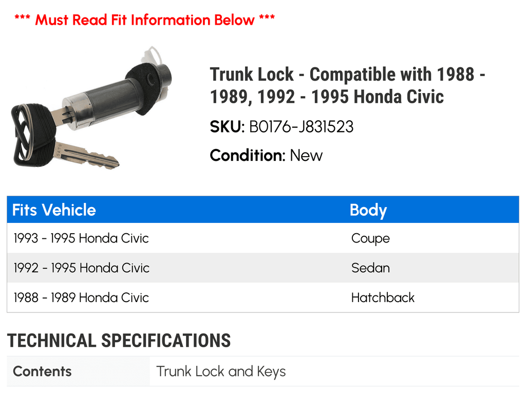 '- Honda with 1995 - 1989, - Compatible 1993 1994 Lock Trunk Civic 1992 1988