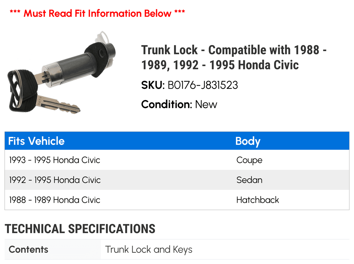 '- Honda with 1995 - 1989, - Compatible 1993 1994 Lock Trunk Civic 1992 1988