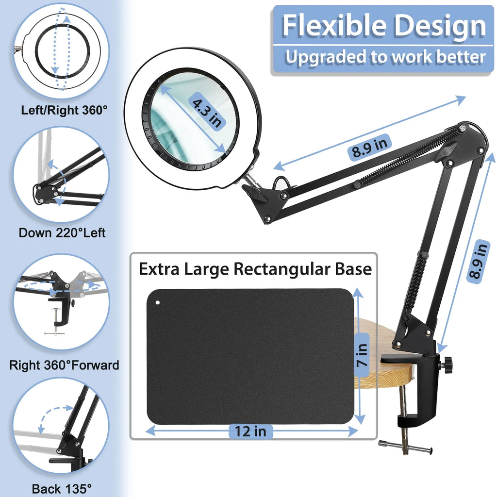 LED Glass Work, Painting, Color Stand, Magnifying Lighted 5 with Modes Hands Sewing with Stepless Light Dimmable, 10X Magnifier Lamp for Magnifying 2-in-1 Craft, Desk Close Free and Clamp,