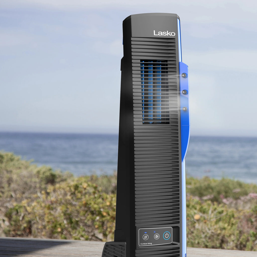Lasko Power Black Cord, 42” Outdoor Tower Fan 10 Misto with Foot YF300, 4 Speeds, Misting