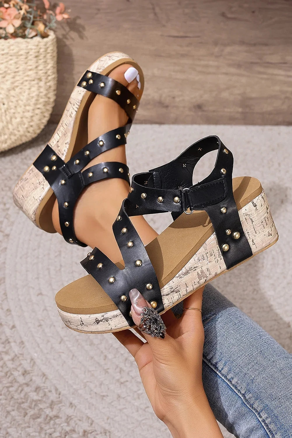 Out Black Wedge Sandals Rivet Hollow Leather