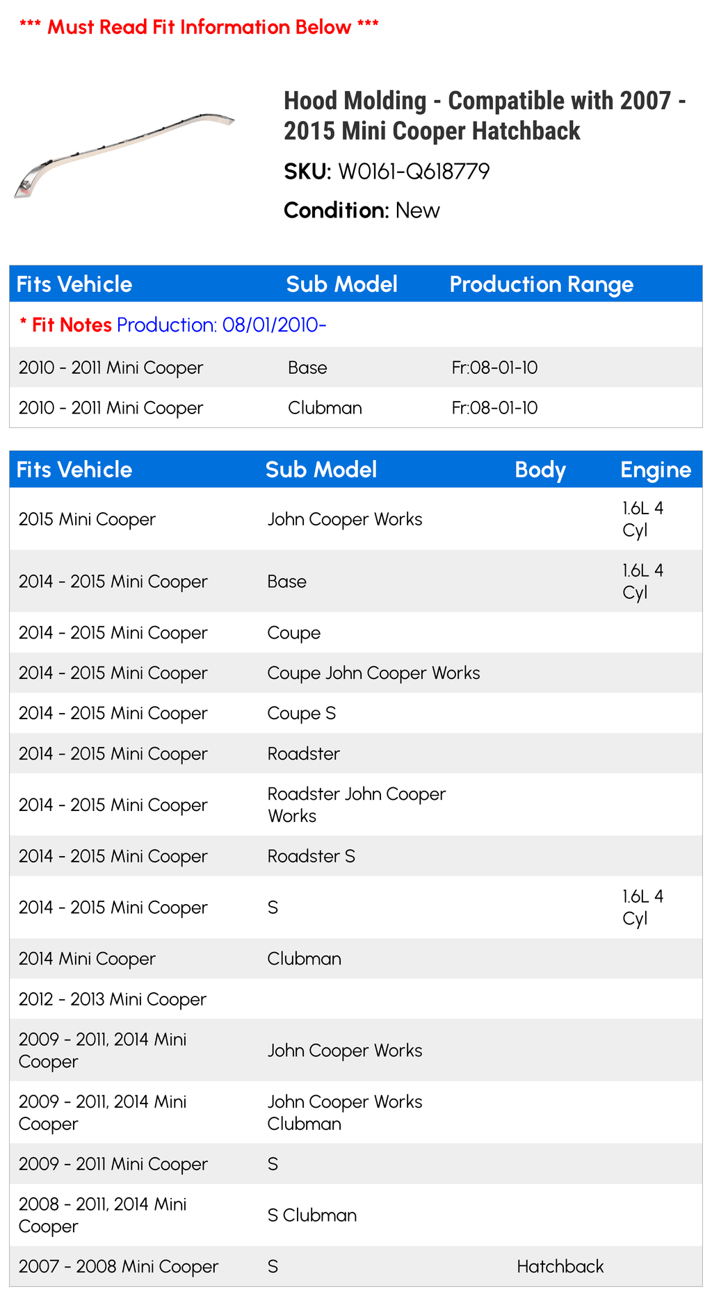 Mini Compatible 2011 2012 2014 Hood 2015 Cooper 2013 2009 with Hatchback 2007 - - Molding 2008 2010