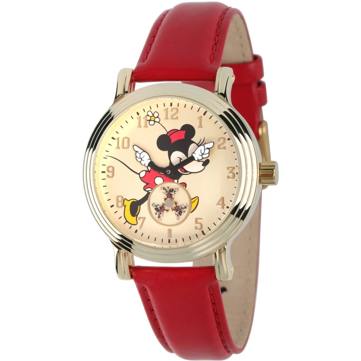 Alloy Red Watch, Minnie Gold Vintage Polka Strap Classic Dress Articulating Mouse Red Dot Women's Leather