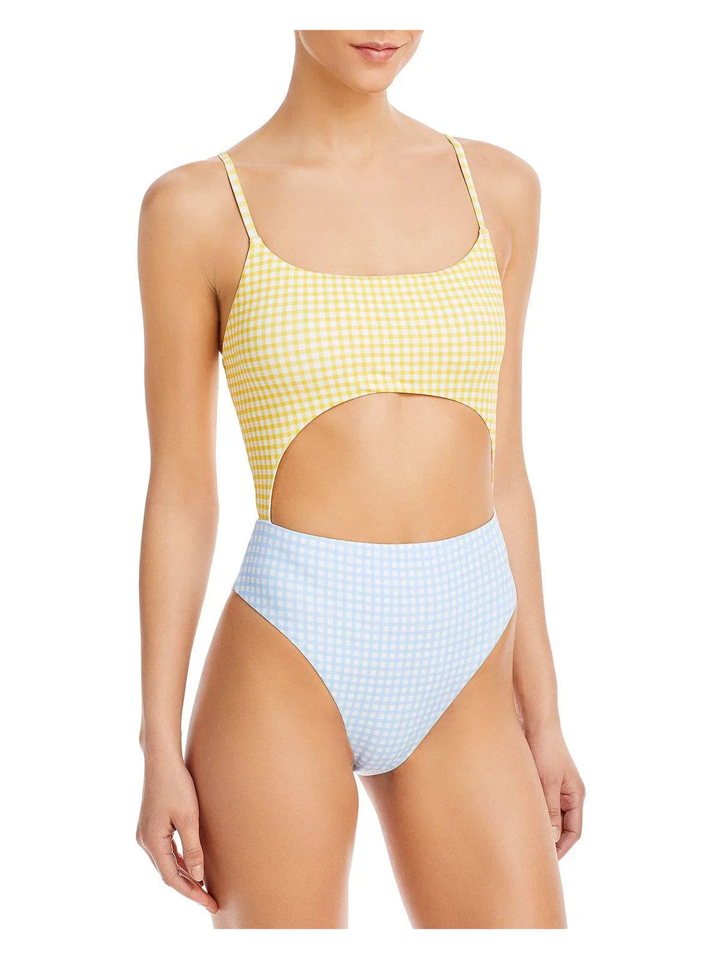 Swim Aqua Checkered Womens One-Piece Cut-Out Swimsuit