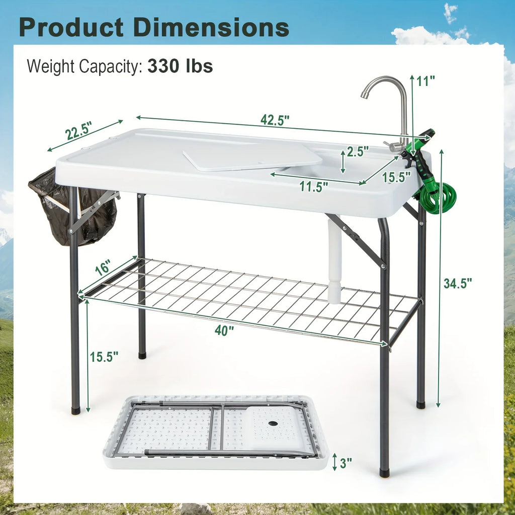 Fish Portable Camping W/ Faucet Grid Cleaning Table Table, Folding Hose Rack