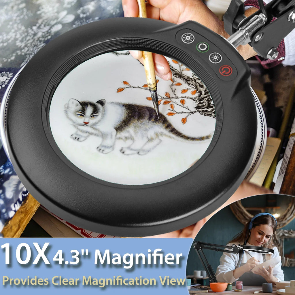 LED Glass Work, Painting, Color Stand, Magnifying Lighted 5 with Modes Hands Sewing with Stepless Light Dimmable, 10X Magnifier Lamp for Magnifying 2-in-1 Craft, Desk Close Free and Clamp,
