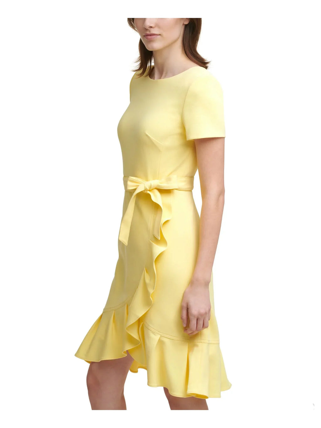 Stretch Tie Neck Sleeve KLEIN Yellow Scuba Tulip Zippered CALVIN Dress Round Ruffled Womens Knee Sheath Sash Crepe Hem 0P Petites Short Party Length