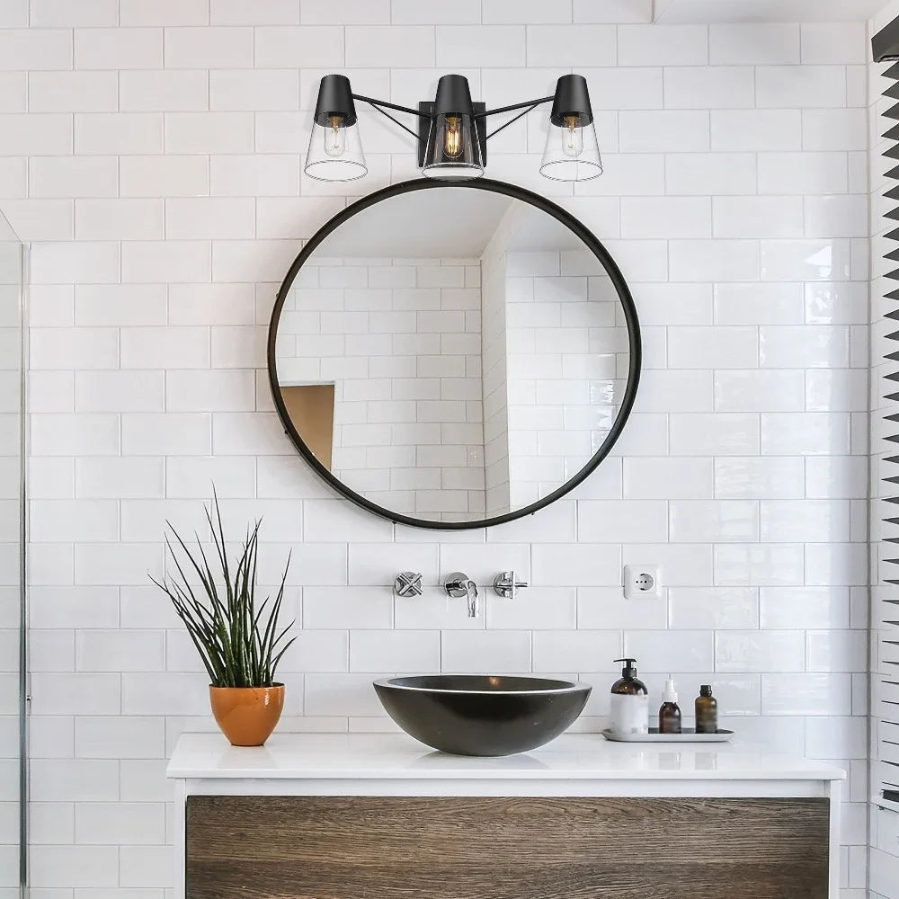 Lighting Ryker Metal/Glass Vanity Bath 3-Light Golden in Black/Clear Matte