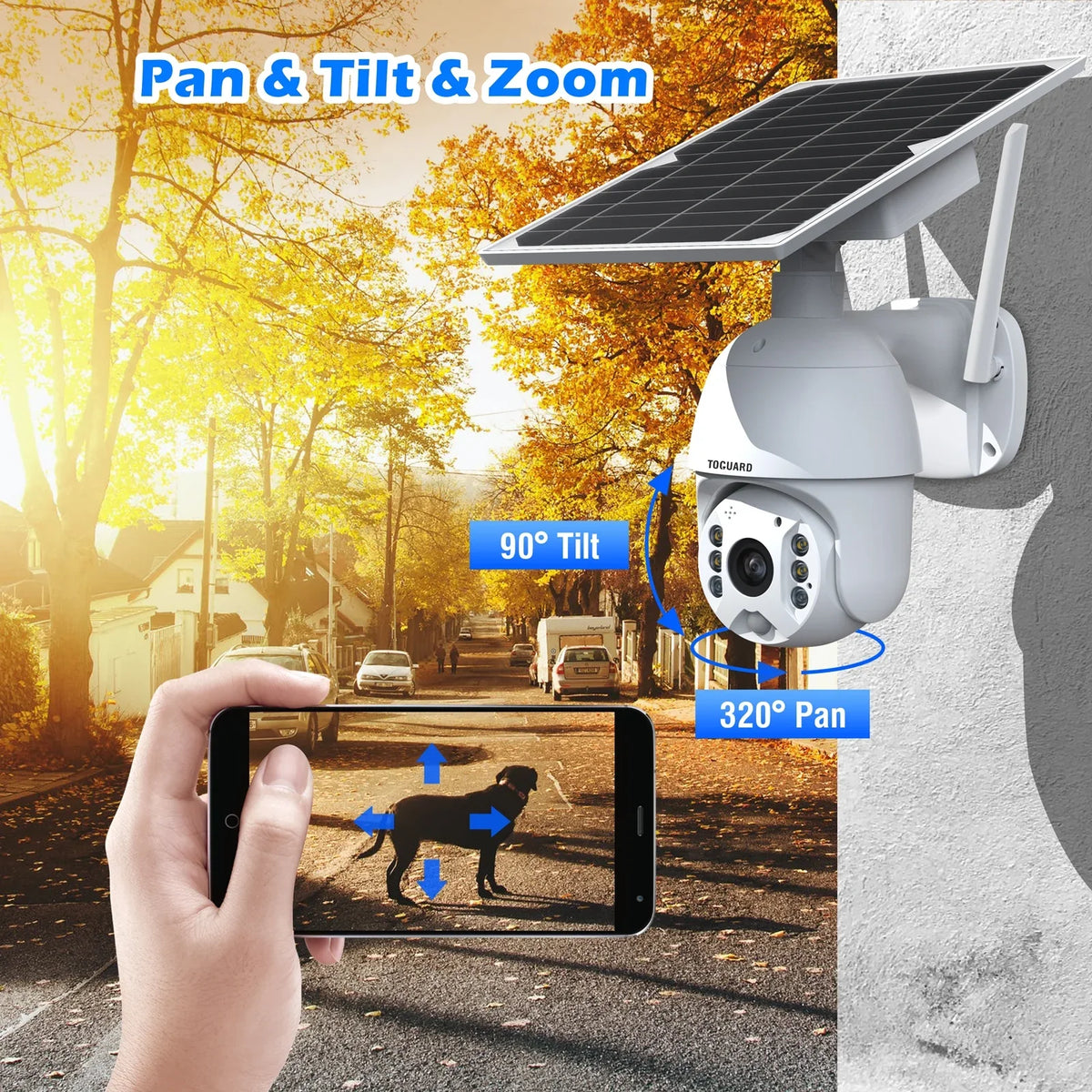Outdoor Security Audio 15600mAh Solar Camera Camera with Motion Color Night Panel, TOGUARD Vision, Battery Wireless PTZ Surveillance PIR with Wifi Dome Detection, 1080P 2-Way